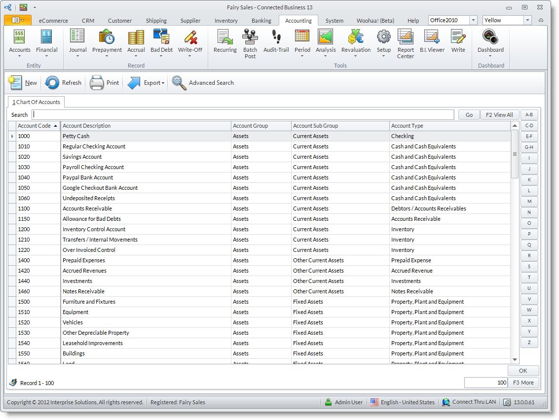 Connected business community maintain account code details